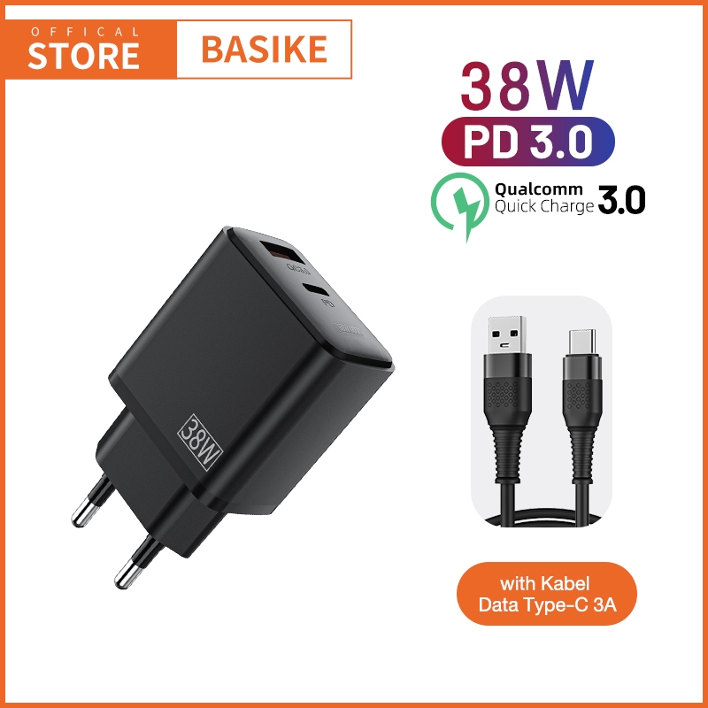 BASIKE Kepala Charger iPhone Fast Charging PD 38W Type C+USB Dual Port for Samsung Xiaomi OPPO Ori