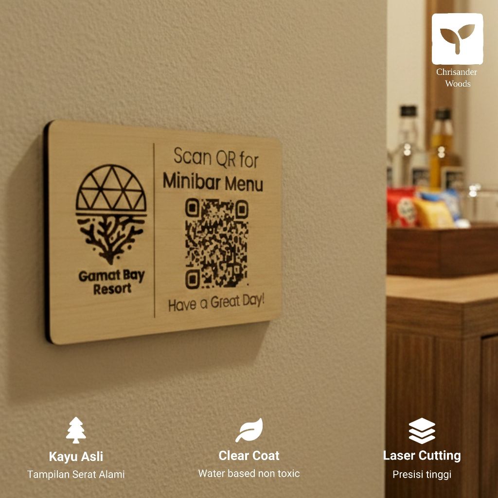 Papan QRIS Aesthetic | Papan QR Code Kayu Tempel utk Menu/QRIS/WiFi/Reviews/Chat/Sosmed Custom Logo