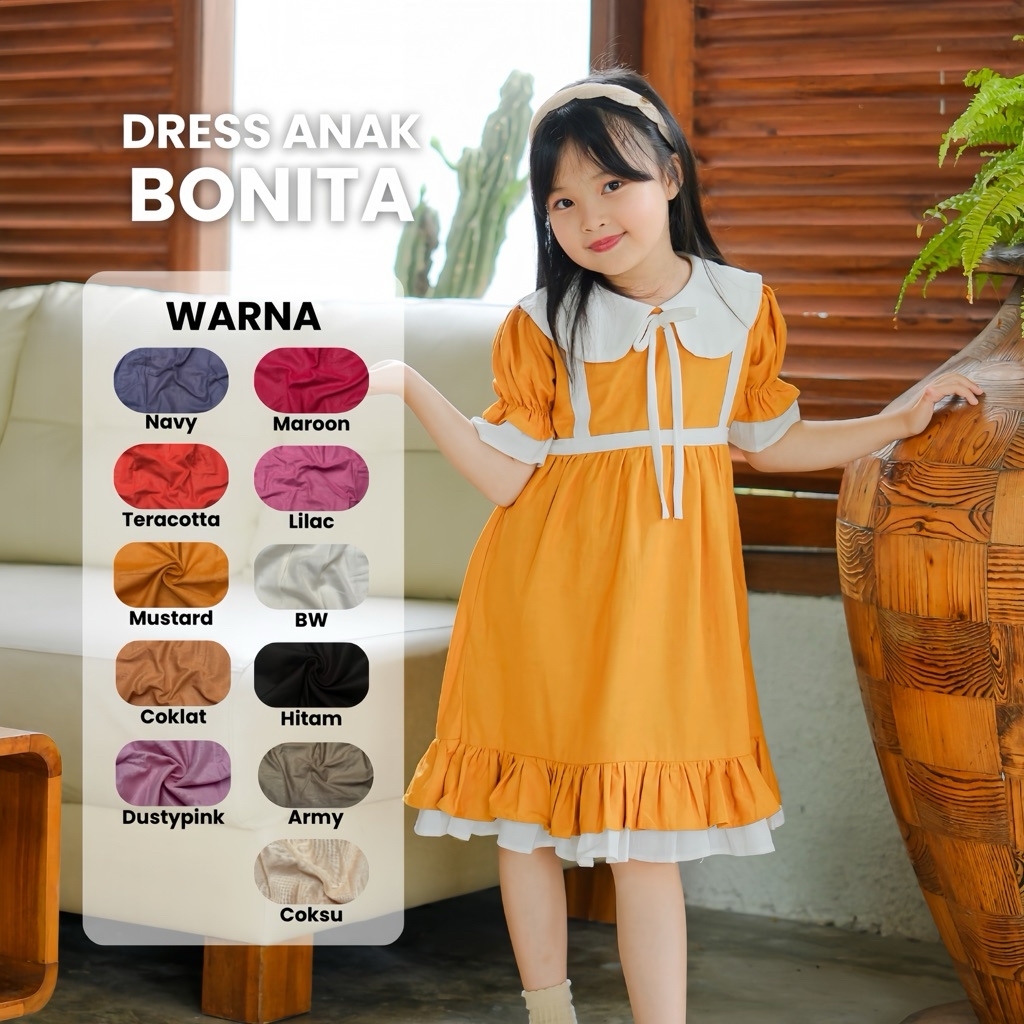 DRESS ANAK KATUN LINEN PREMIUM BONITA DRESS ANAK PREMIUM LUCU