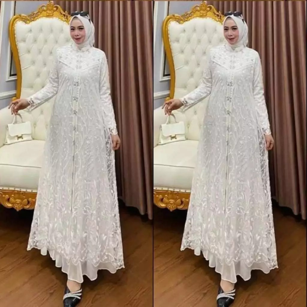 Gamis Brokat Terbaru Mewah Kekinian Zallia Dress BL Size M L XL XXL XXXL Bahan Ceruty Babydoll Aplik