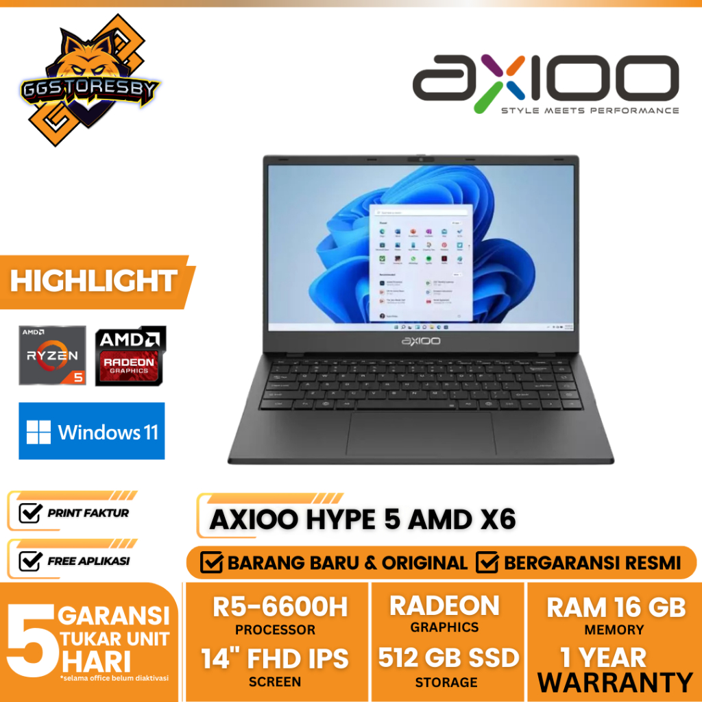 Axioo HYPE 5 AMD X6 RYZEN 5 6600H 16GB 512GB 14" FHD Windows 11 Home - Notebook AXIOO MyBook Hype 5 