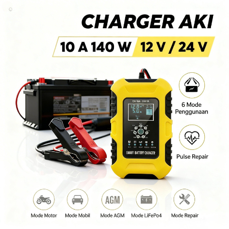 FOXSUR Cas Charger Aki motor dan Mobil 12 Volt dan 24 Volt 12A smartotomatis Kering basah FBC122410D