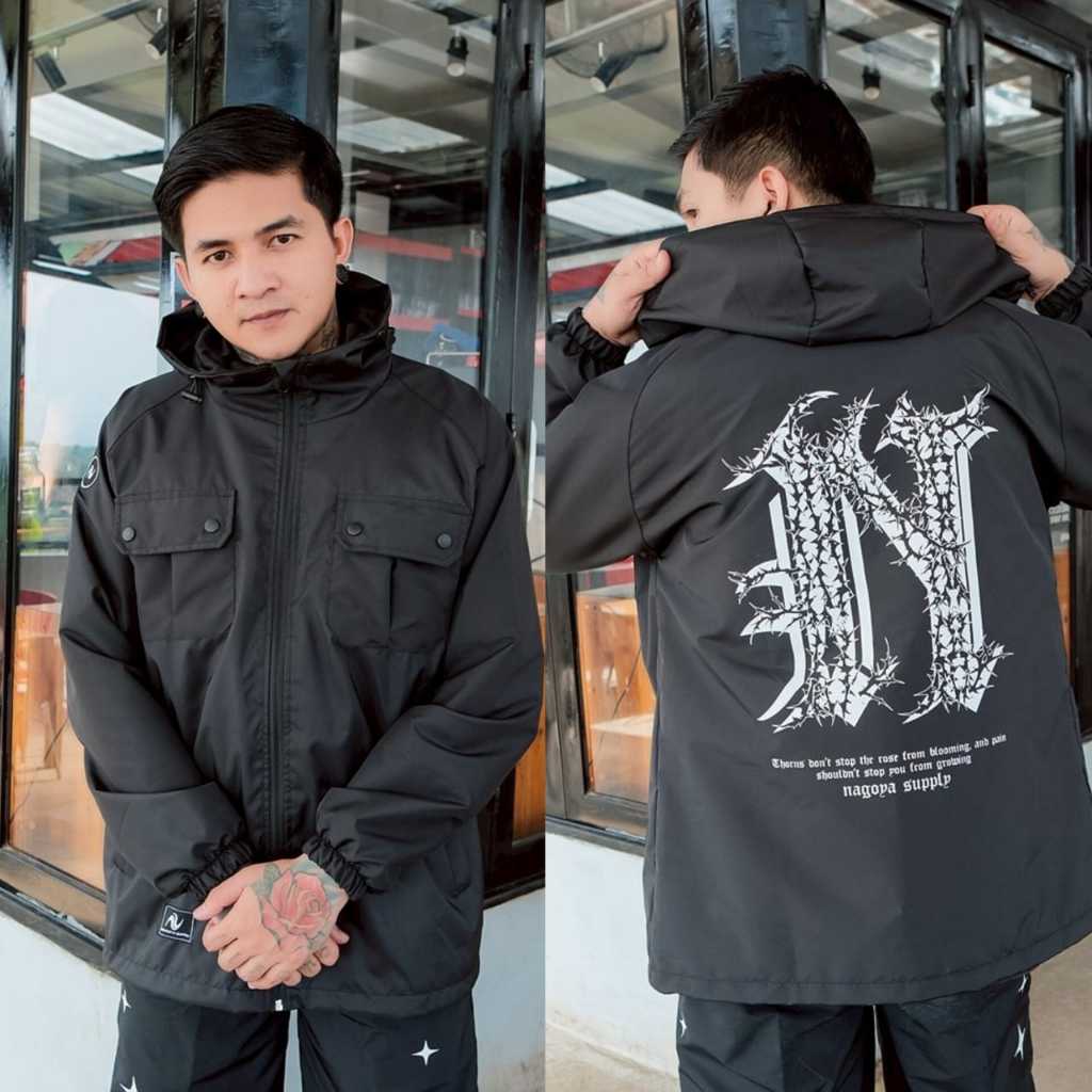 Jaket Parasut Pria - Jaket Casual Bunga Logo Hitam Nagoya