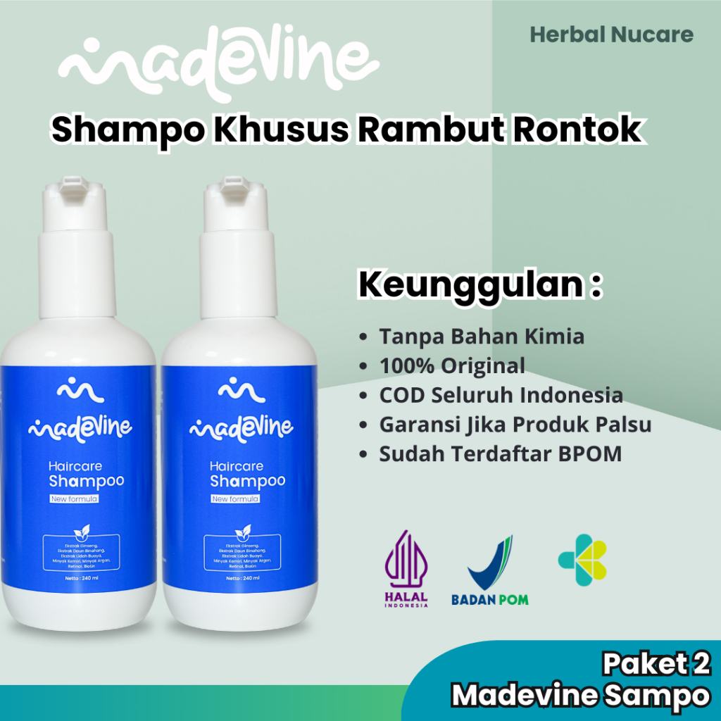 Madevine Shampoo Khusus Perawatan Rambut Rontok Sudah BPOM Paket 2 Pcs