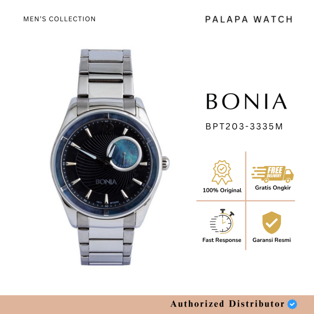 Jam Tangan Pria Bonia BPT203-3335M / BPT203M Silver Black Blue Original