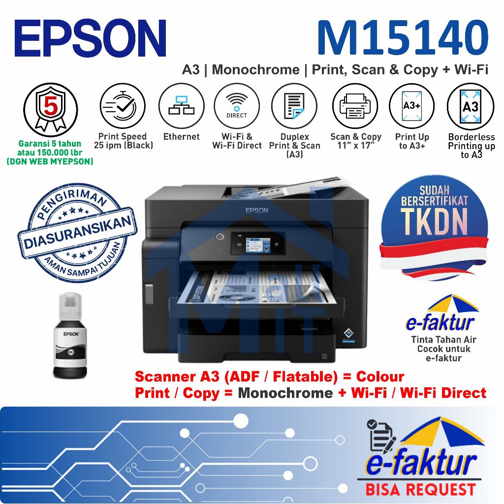 MALLIT EPSON AFFL Printer Epson M15140 Epson M-15140 M 15140 A3 Wifi Duplex Monochrome Resmi Medan