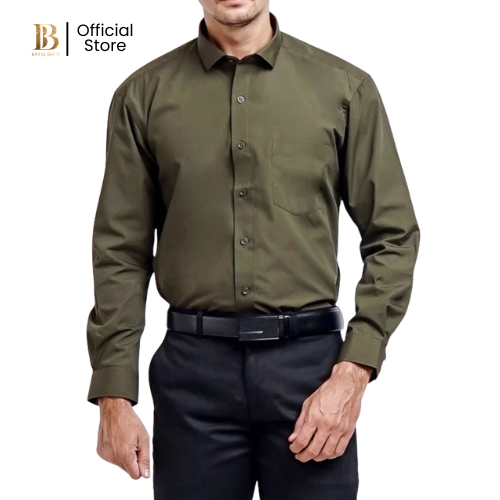 Bariq Batik - Kemeja Pria Polos Hijau Army Lengan Panjang Formal