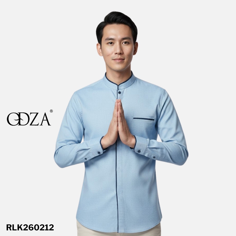 Odza Baju Koko Pria Lengan Panjang Polos Slim Fit Baju Kemeja Kerah Mandarin Kermana Biru Muda