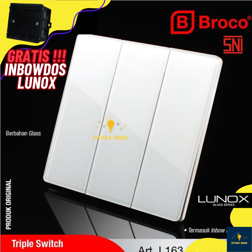 BROCO LUNOX Saklar Triple L163G Switch Tiga Triple inbox Lampu Rumah glass kaca Putih