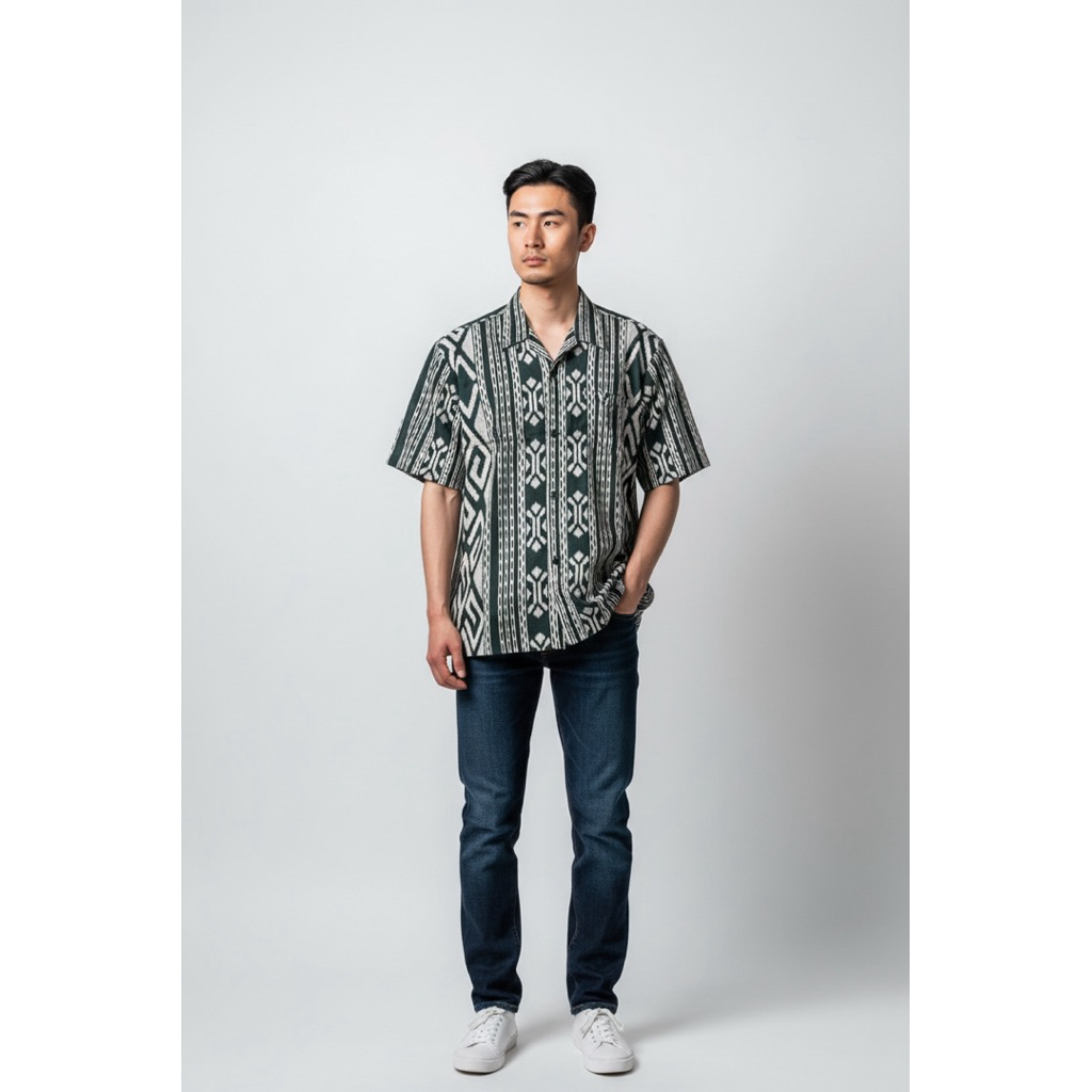 Kemeja endek cowok khas bali motif Pasola lengan pendek premium