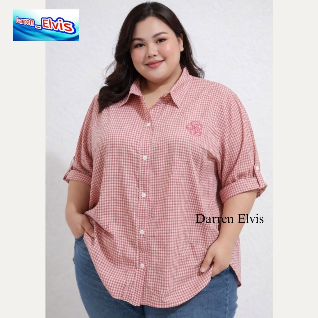 Kemeja Jumbo 5L Wanita / Katun Kotak Kotak Bordir Bunga
