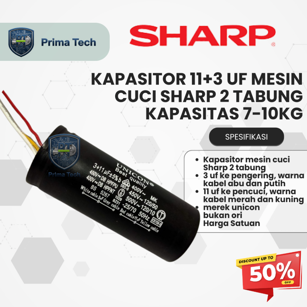 KAPASITOR 11+3 UF MESIN CUCI SHARP 2 TABUNG KAPASITAS 7-10KG