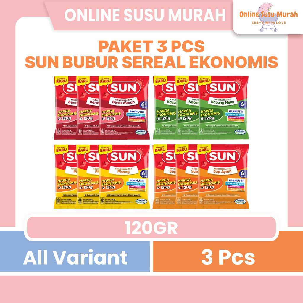 SUN PAKET 3 SACHET BUBUR SEREAL SUSU 6+ HARGA EKONOMIS 1 SACHET 120 GR BUBUR MPASI BAYI 120GR PRLA