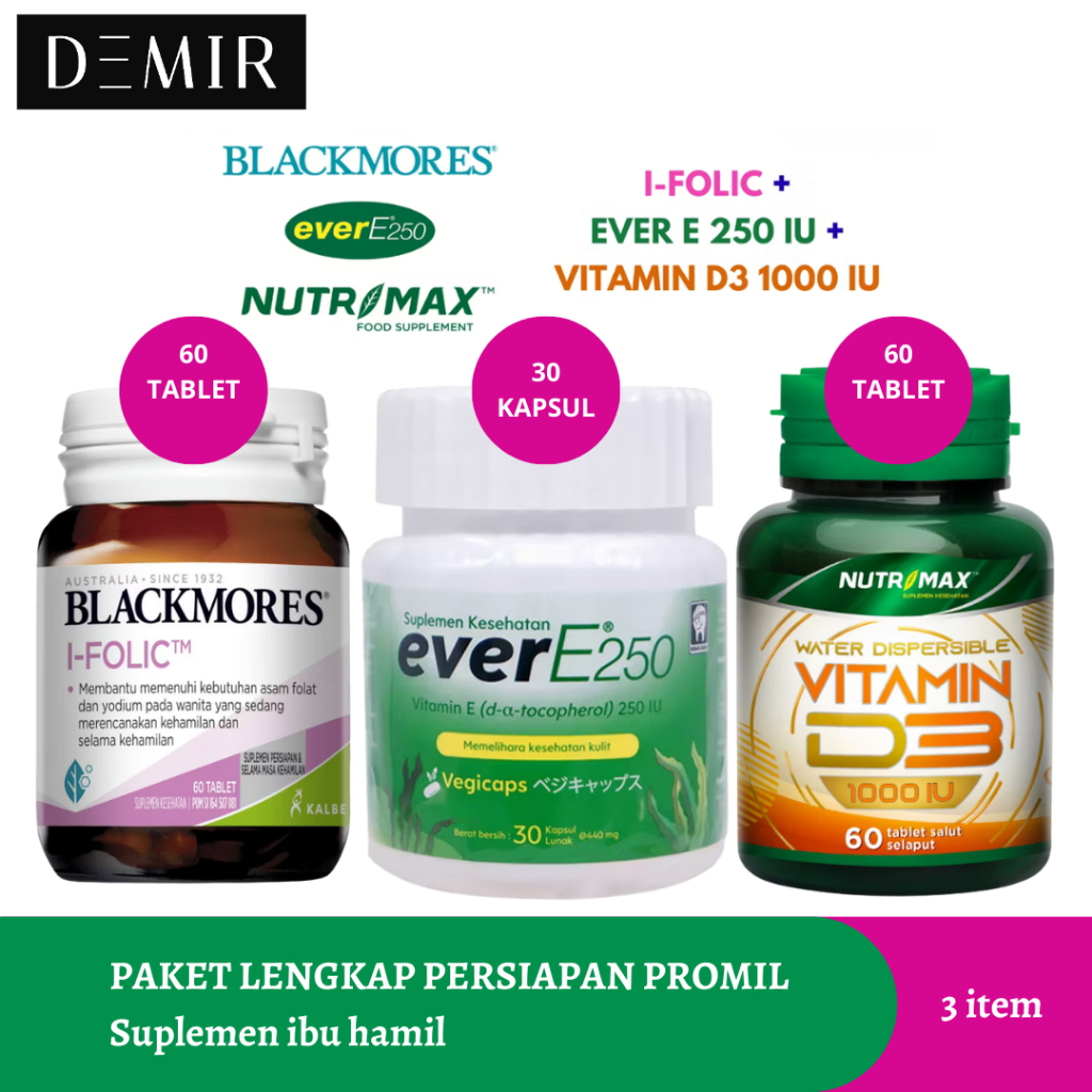 Bundling Blackmores I Folic + Ever E 250 IU 30 Kapsul + Nutrimax D3 1000 IU 60 Tablet / Paket Promil