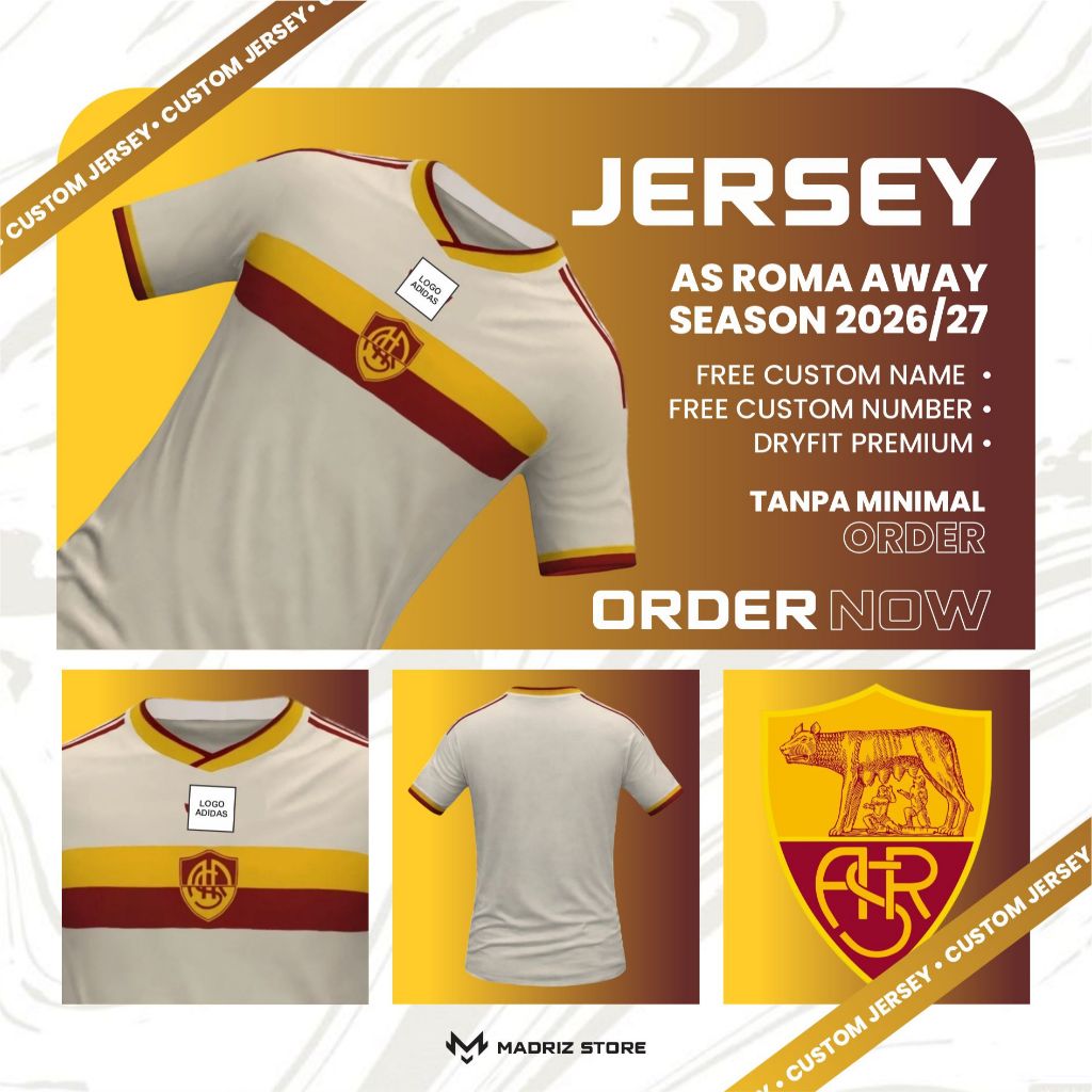 JERSEY AS ROMA AWAY SEASON 2026/27 - FREE NICKNAME NOMOR - FULL PRINTING