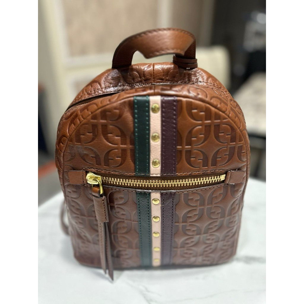 [PRELOVED] 100% ORIGINAL Fossil Megan Leather Backpack in Brown Multi, featuring an embossed logo pa