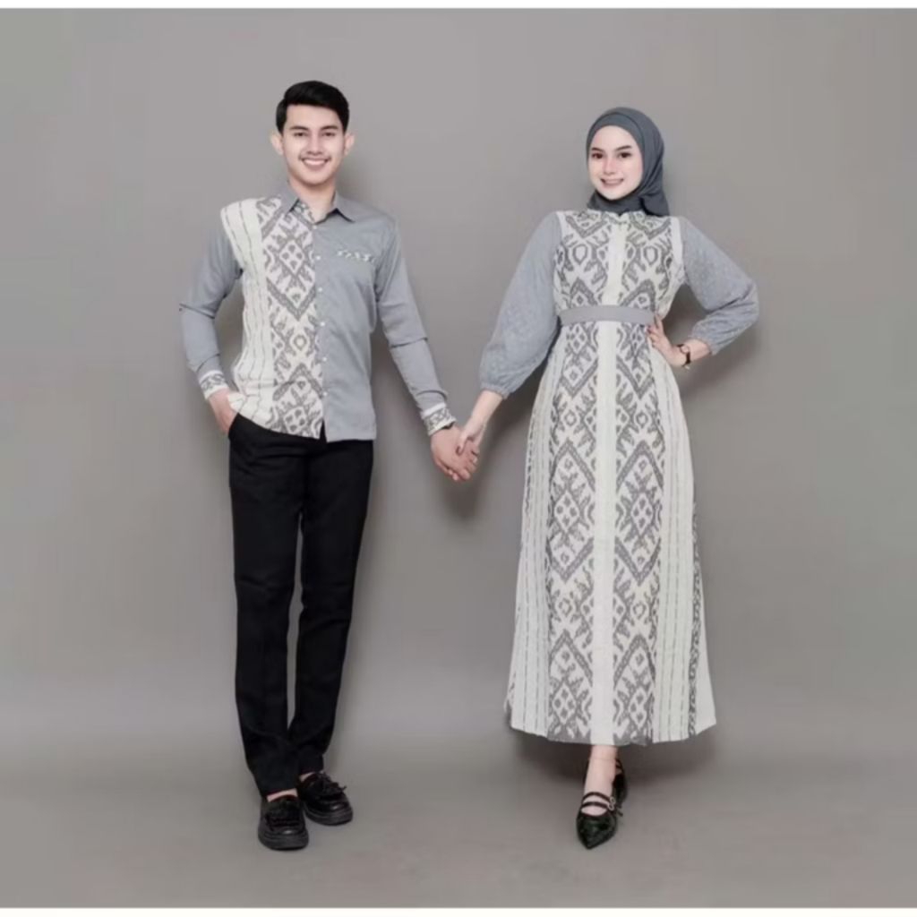 [READY STOCK] Set Couple Belvia White Tenun Troso – Dress Wanita & Kemeja Pria Couple Kondangan Ethn