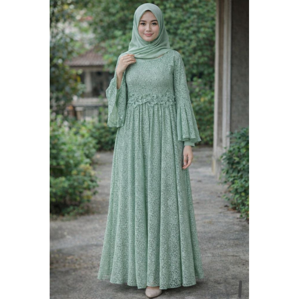 Gamis Brokat Sage Green dengan Aplikasi Bunga 3D dan Lengan Flare Elegan