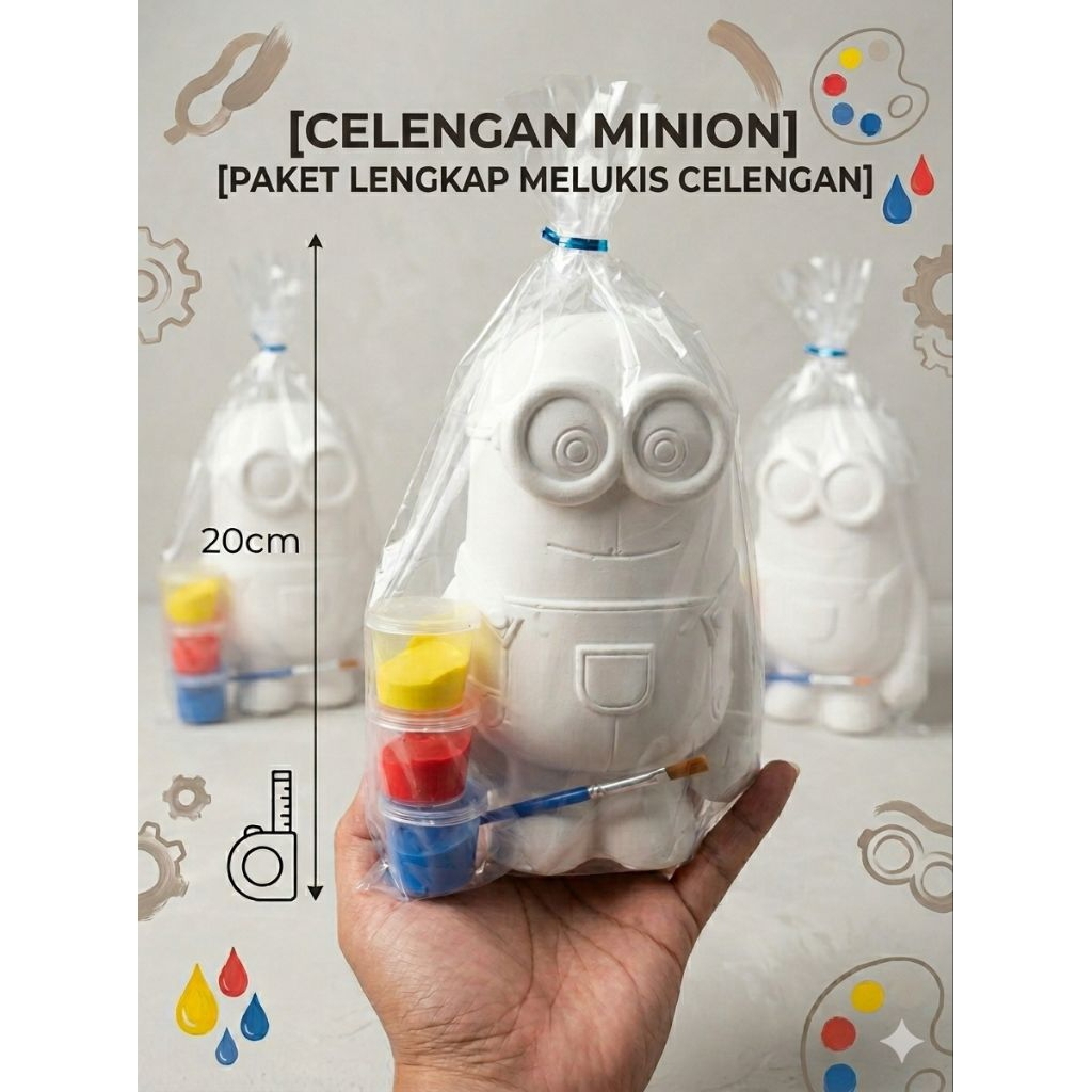 PAKET LENGKAP MEWARNAI CELENGAN KARAKTER MINION - TERMURAH CELENGAN GYPSUM KARAKTER MINION 20CM