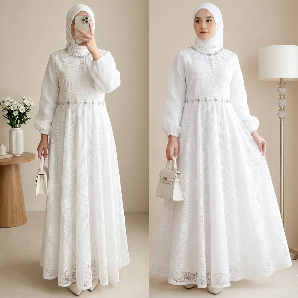 Gamis Brokat Putih Kombi Organza 6291 Baju Muslim Vima