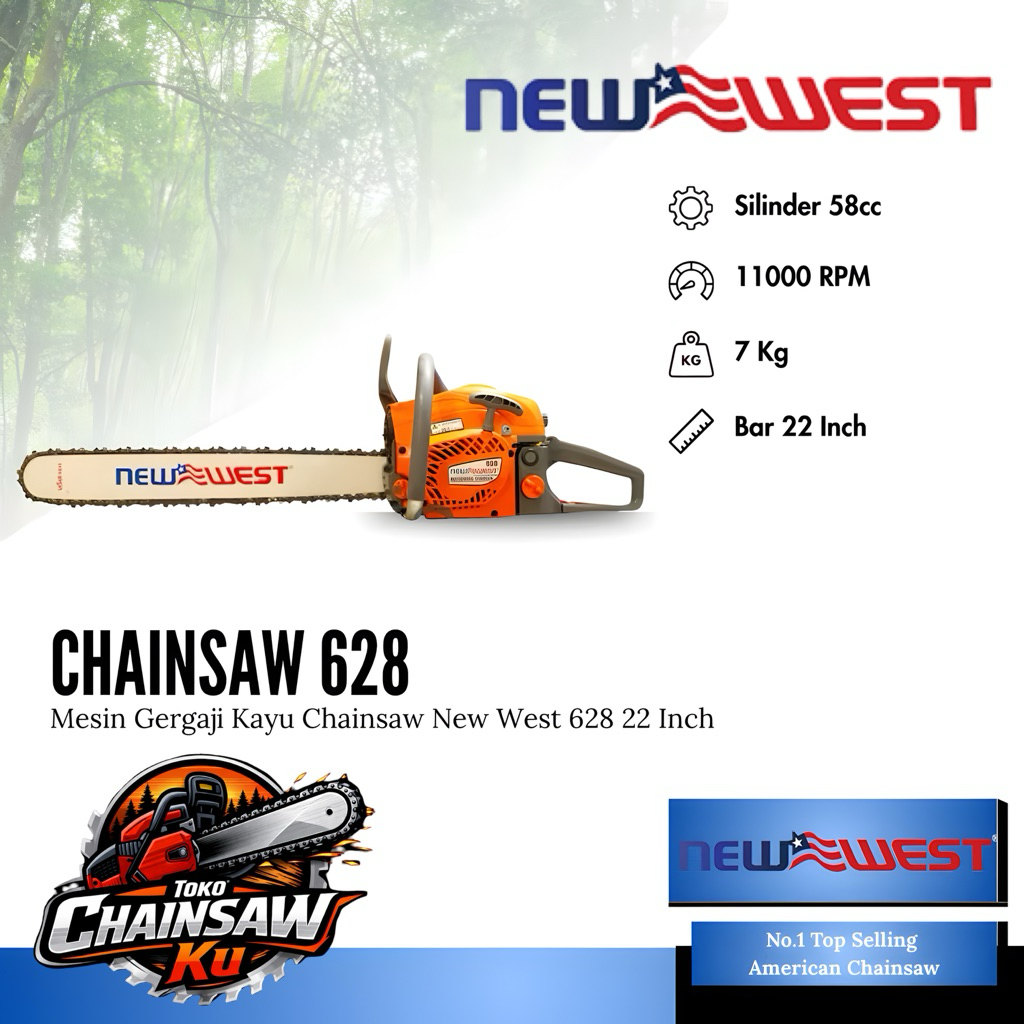 Chainsaw NEW WEST 628Bar 22 inch Mesin Potong Kayu Komplit / Chainsaw new west