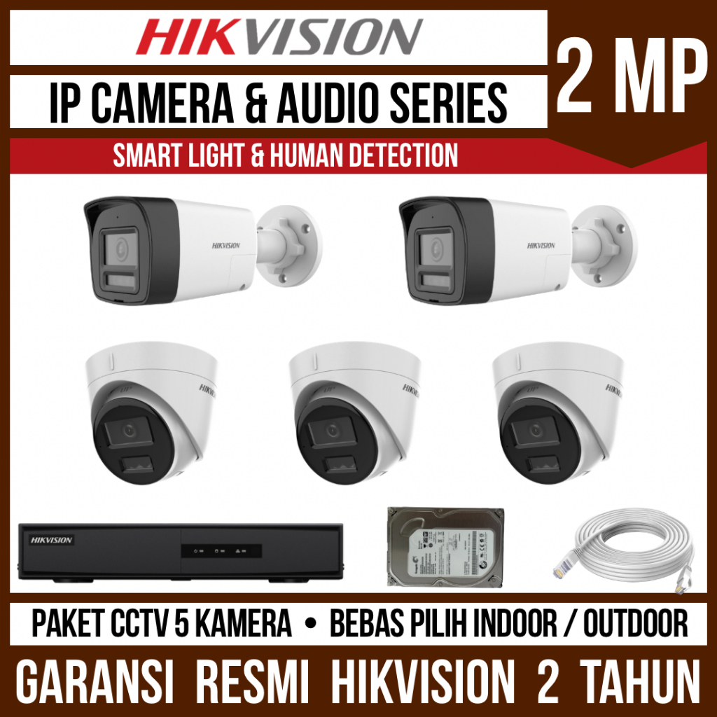 Paket CCTV Hikvision IP Camera 2MP 8 Channel 5 Kamera Smart Hybrid Light Audio IP Cam