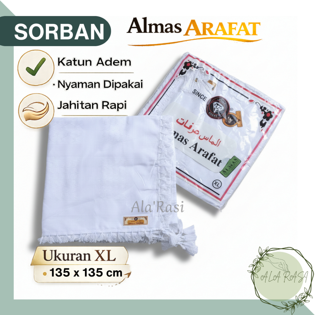 Sorban Almas Arafat Putih Koncer Rumbai Pria - Surban Haji Umroh Pria Dewasa Sorban Imam Segi Empat 