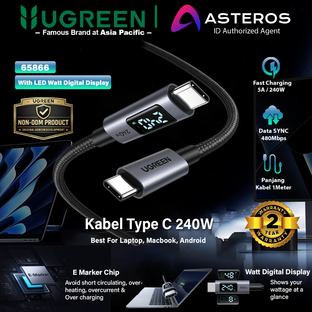 UGREEN Kabel Data PD Type C to Type C Digital Display Nylon Braided Fast Charging 240W Max 5A