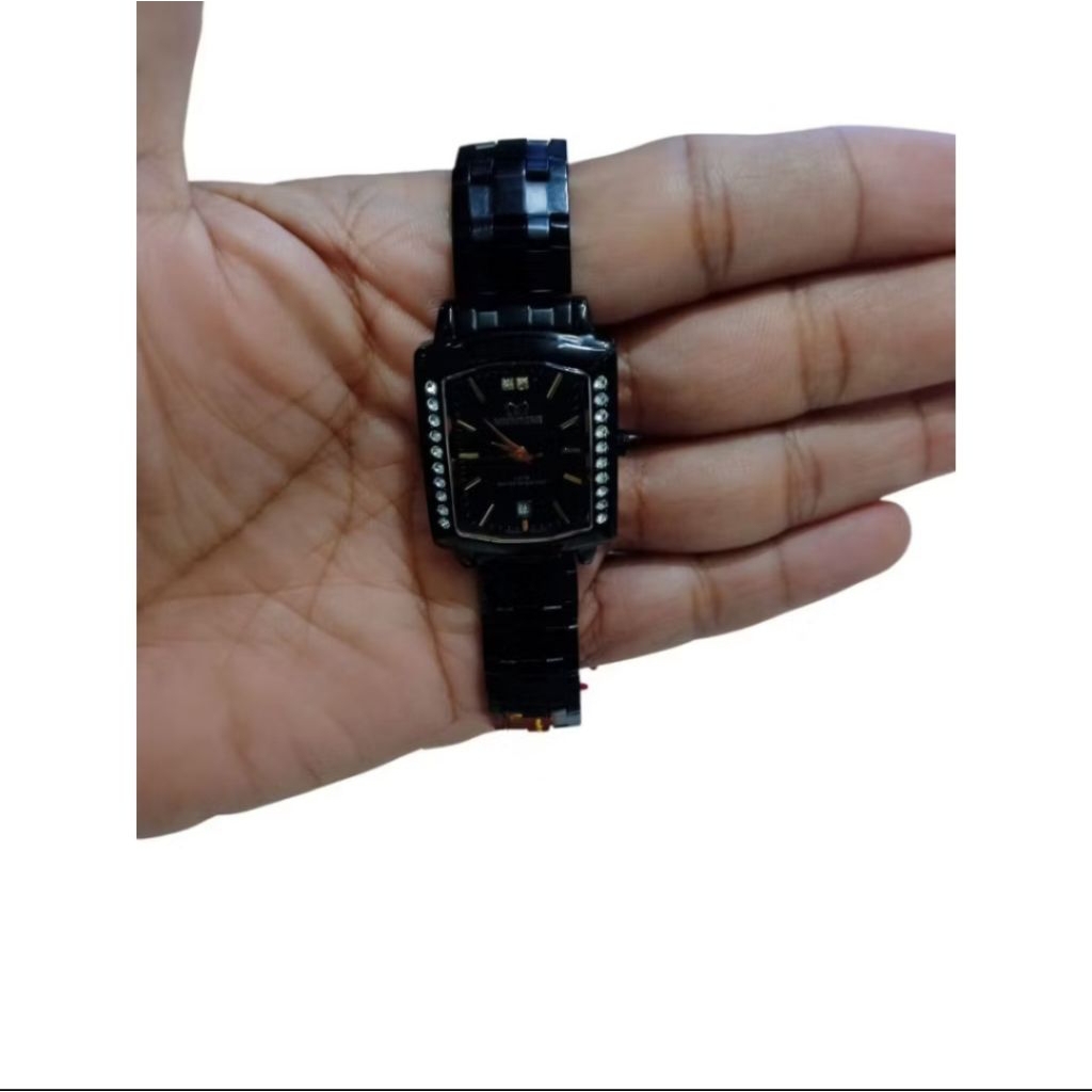 JAM TANGAN WANITA MIRAGE MKTL TGL AKTIF TALI RANTAI HITAM STAINLESS STEEL WATER RESISTANT 3 ATM BENT