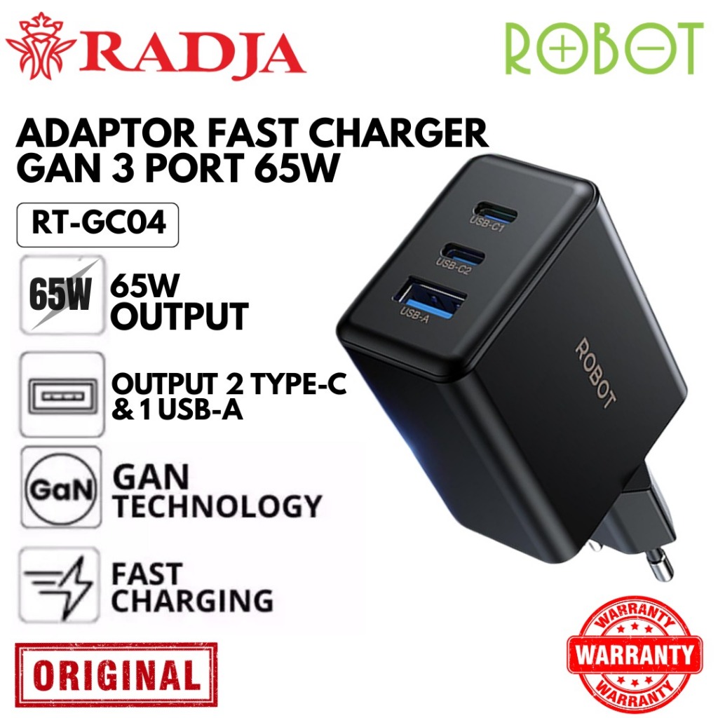 ROBOT RT-GC04 65W GaN Golden Series Charger Fast Charging 3 Port
