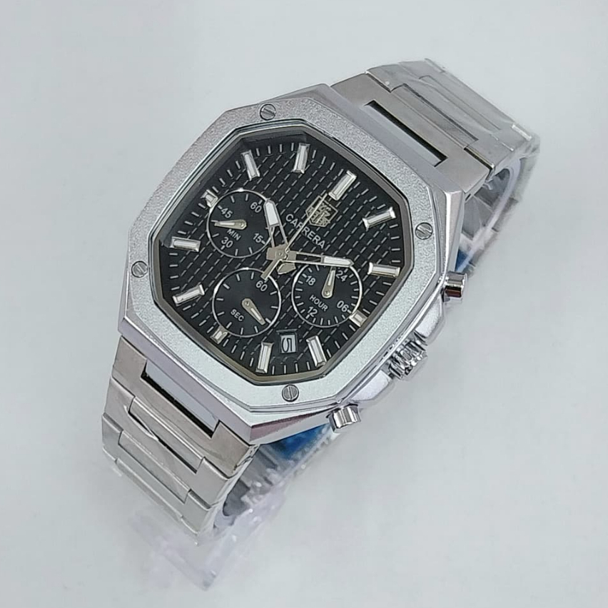 Jam Tangan Pria WETH Carrera Chronograph Stainless Steel – Dial Hitam & Putih, Sporty Elegan Fullset