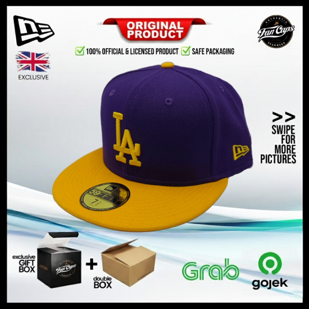 Topi New Era Original MLB Los Angeles Dodgers 59FIFTY 7 1/2 warna Ungu Kuning | FREE GIFT BOX
