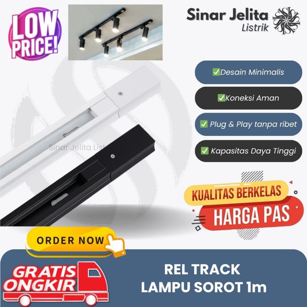 Rel Track Lampu Sorot BOSSECOM Panjang 1 Meter Hitam/Putih | Rel Lampu Track Light Sorot Spotlight