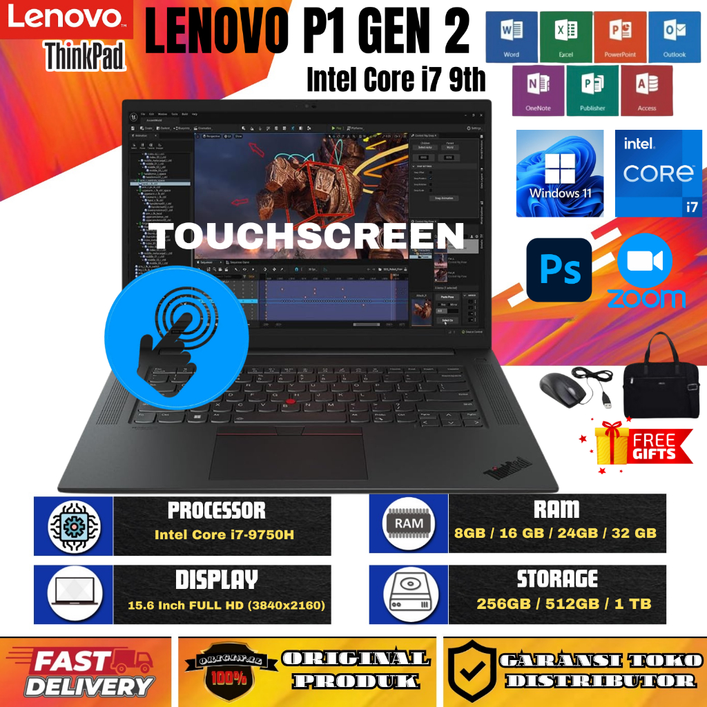 Laptop TOUCHSCREEN LENOVO THINKPAD P1 GEN 2 Core i7 9th NVIDIA RAM 32GB/1TB MULUS BERGARANSI FREE TA