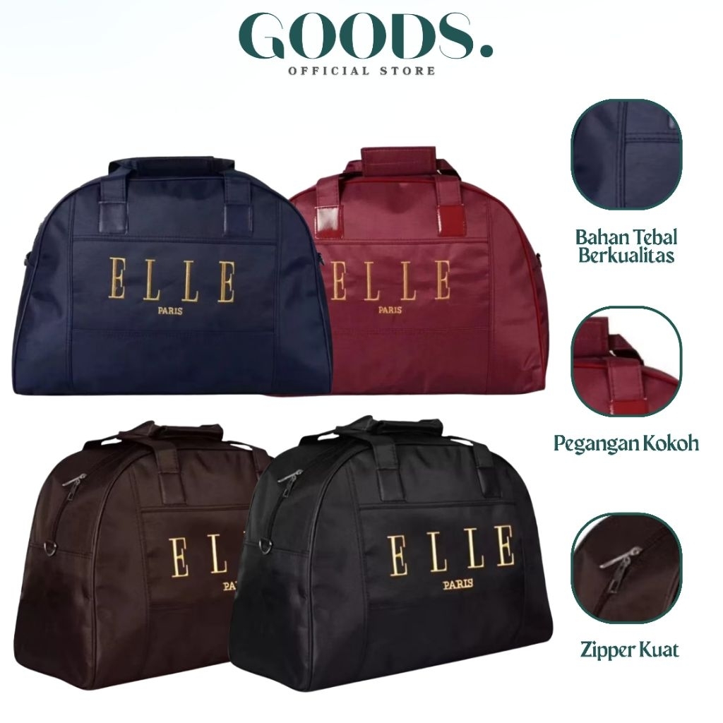 GOODS Tas ELLE Paris Tas Travel Besar Polos Bahan Tebal Kualitas Premium Tas Jinjing Wanita Pria Zip