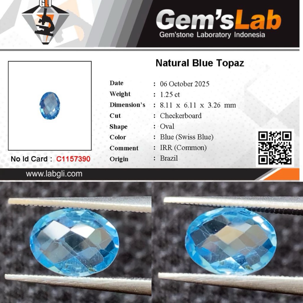 1,25 cts Natural Swiss Blue Topaz origin Brazil IRR Memo GLI