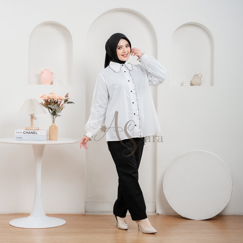 Assara atasan kemeja blouse wanita Lengan panjang katun putih Korea style sulam handmade