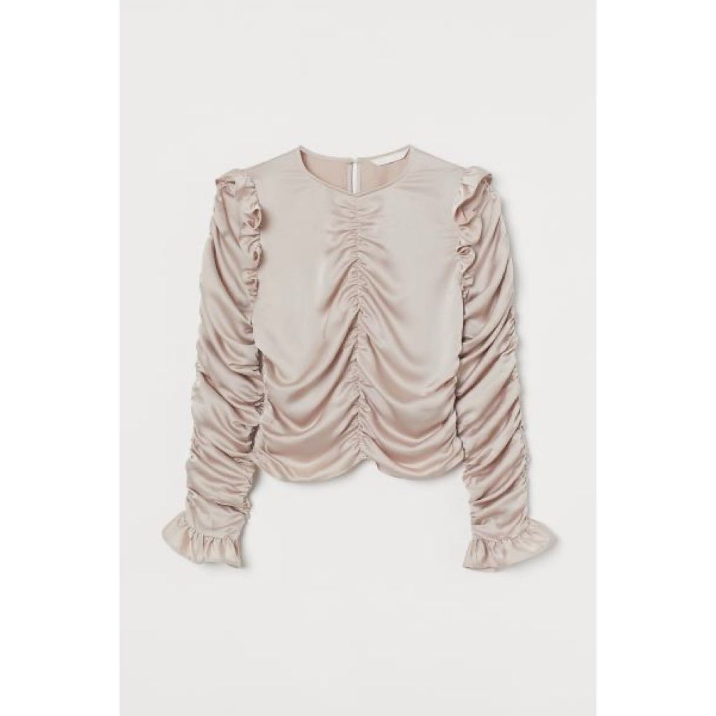 HnM Champagne Rose Ruched Satin V Neck Long Sleeve Blouse