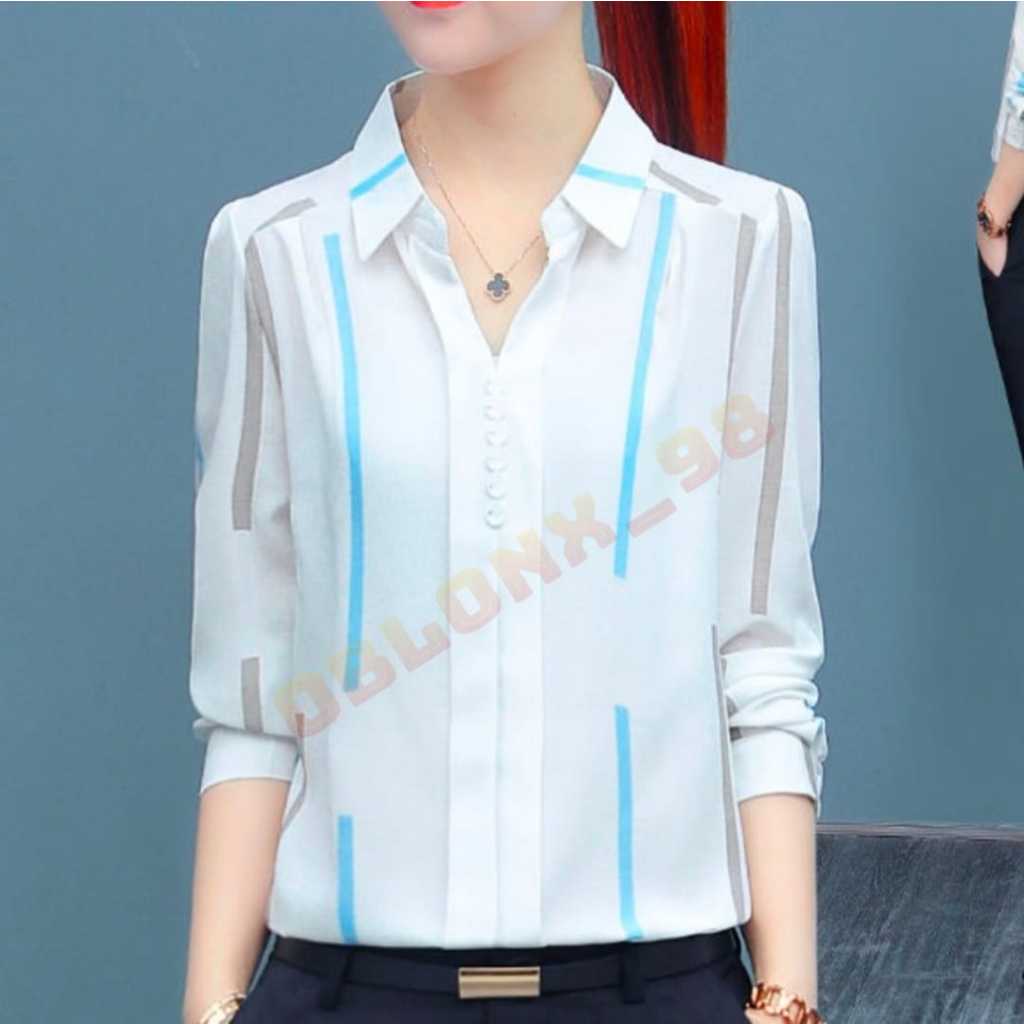 Kemeja Wanita Garis-garis Blus Vintage Terbaru  Atasan Wanita Kasual  Longgar Kemeja Elegan
