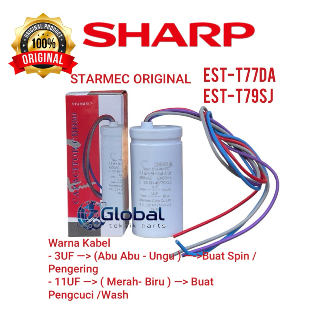 [Bisa Cod ]EST-T77DA/T95SJ ORIGINAL Kapasitor  11UF+3UF Starmec Mesin Cuci Sharp 2 Tabung Kualitas O