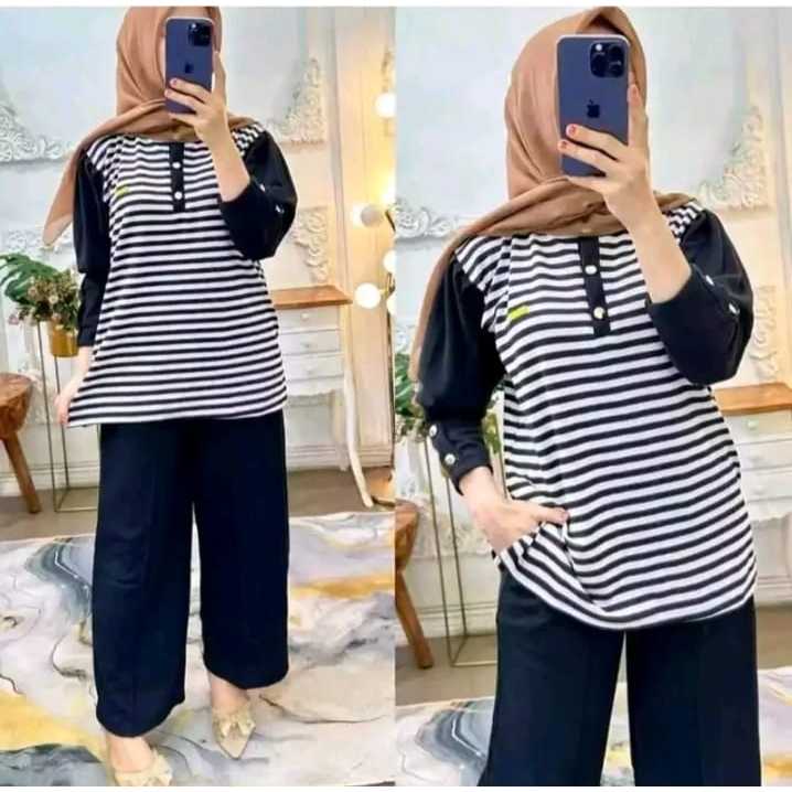 PROMO TERMURAH  Setelan Olilla Baju Celana Dewasa Terbaru 2025 Wanita Hitam Premium  Stripes Fit To 