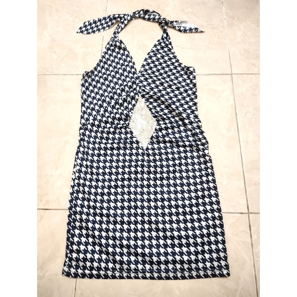 Preloved Dress motif putih navy size S