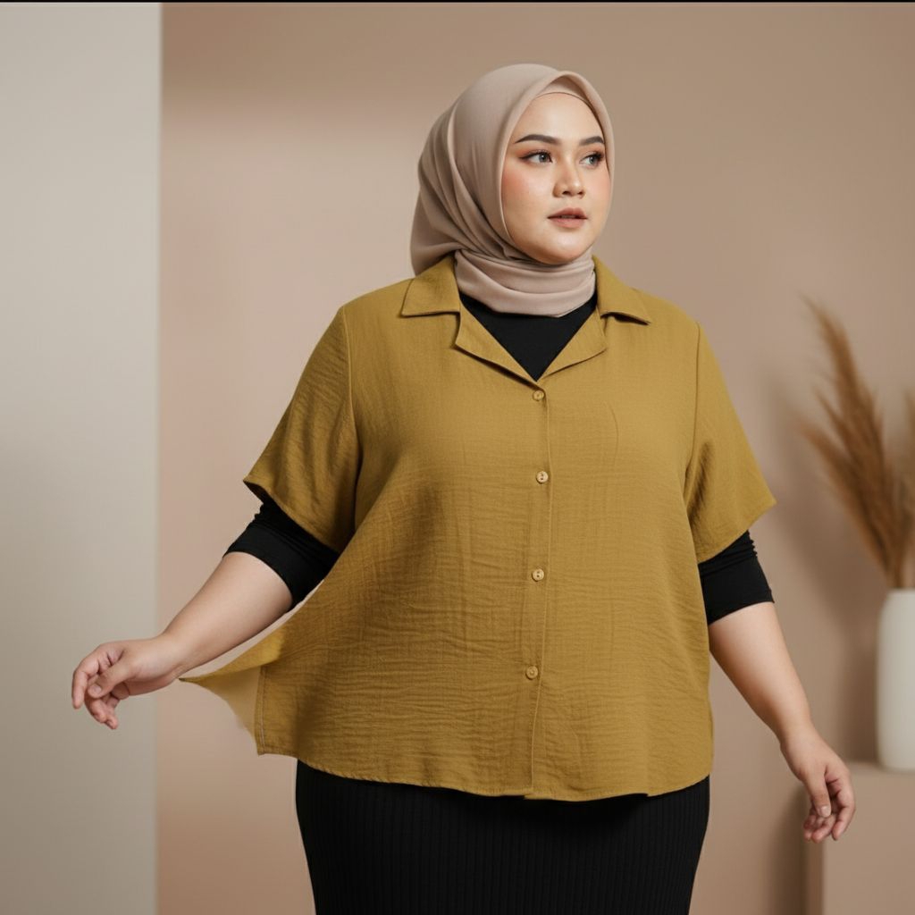 Atasan Baju Wanita Nana Jumbo Lengan Pendek Kemeja Jumbo Crinkle Ld 120 cm