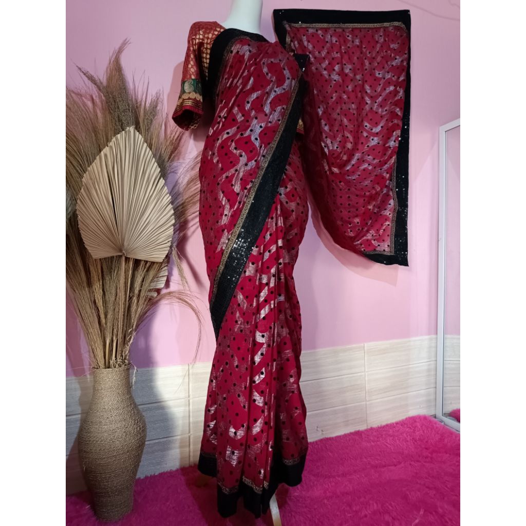 BAJU INDIA/ SAREE INSTAN MERAH HITAM MEWAH/ SERASI CANTIK