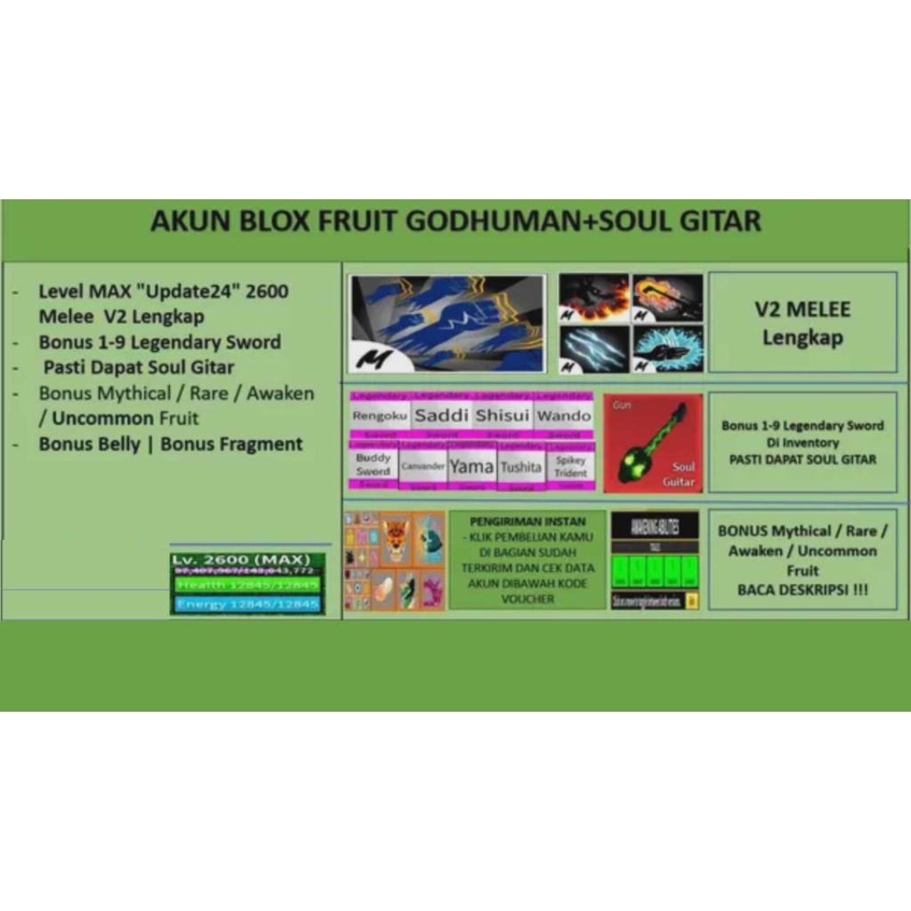 Akun Blox Fruit Murah {SoulGuitar} (GodHuman)