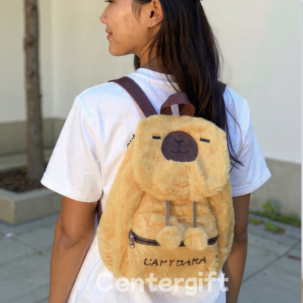 Tas Ransel Serut Capybara Bulu Imut Lembut Bordir Lucu Kekinian  Tas Punggung Wanita Remaja Anak Sek