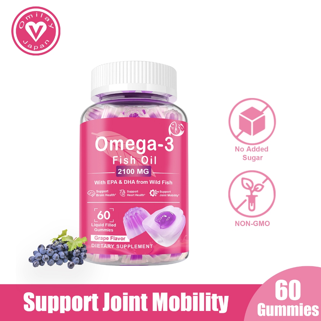 Omilay Fish Oil Suplemen 2100MG Omega 3 Gummy for Boosts Healthy Heart Brain Function 60 Gummies