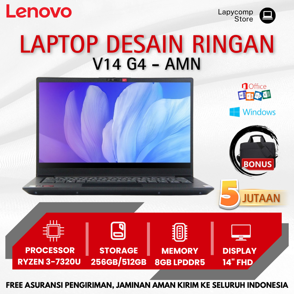 TERBARU LAPTOP LENOVO V14 G4 AMN AMD RYZEN 3 7320U SSD 256GB NVME RAM 8GB DDR5 VGA AMD RADEON MURAH