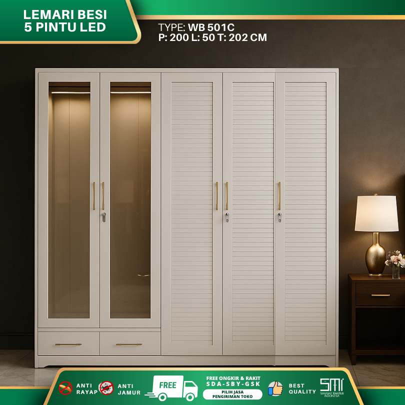 ASENCIO - Lemari Pakaian Besi 5 Pintu LED TW-505-2, Lemari Besi 2 Meter LED Swing, Lemari Baju Besi