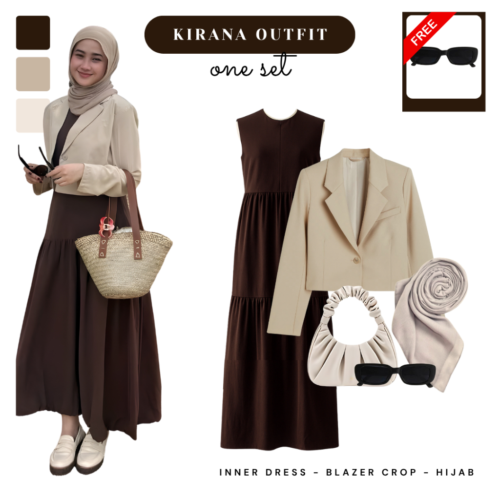 Setelan Outfit Wanita Korean Style (Blazer Crop Khaki, Inner Dress Coklat Tua, Hijab) - CTO37